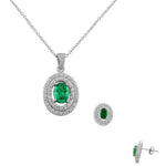 925 Sterling Silver Green Emerald-Tone White CZ Oval Charm Pendant Necklace Stud Earrings Set