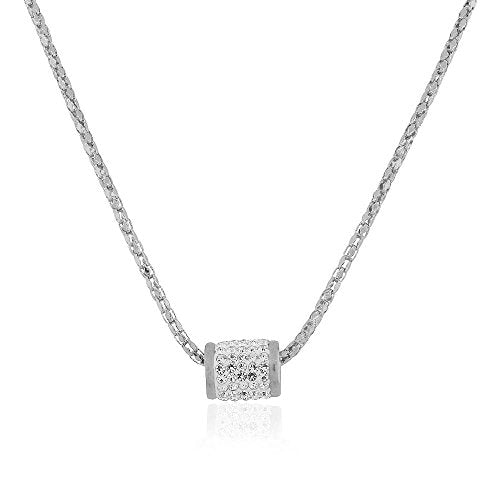 Stainless Steel Silver-Tone White CZ Bead Pendant Necklace