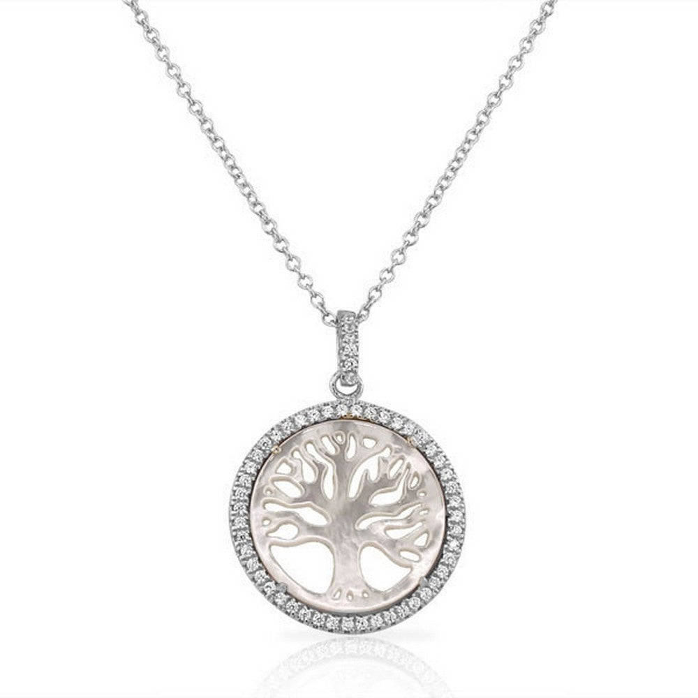 925 Sterling Silver Simulated Mother of Pearl CZ Tree of Life Classic Pendant Necklace