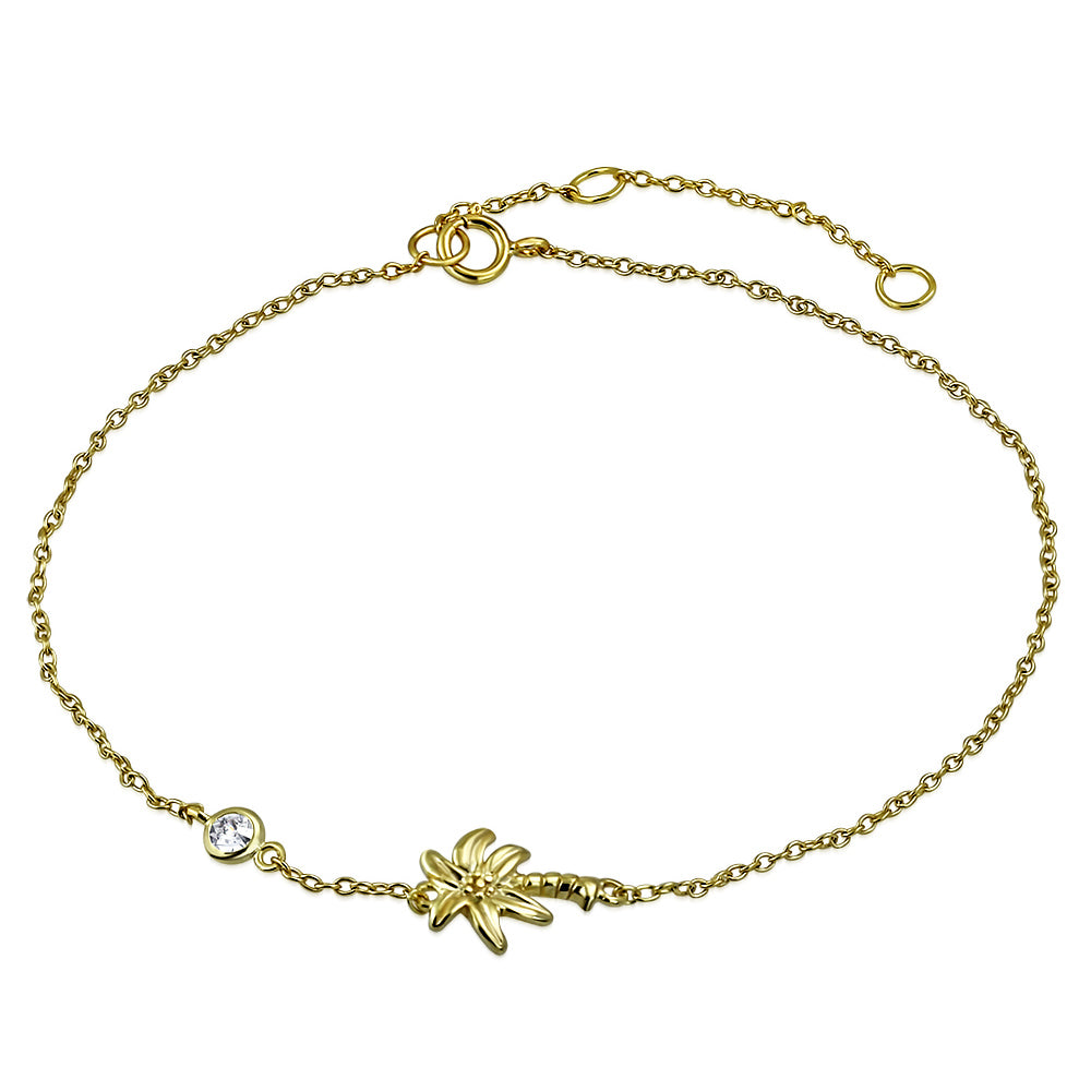 925 Sterling Silver Yellow Gold-Tone Bezel-Set CZ Palm Tree Anklet Bracelet