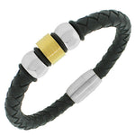 Stainless Steel Black Leather Two-Tone Men's Bracelet