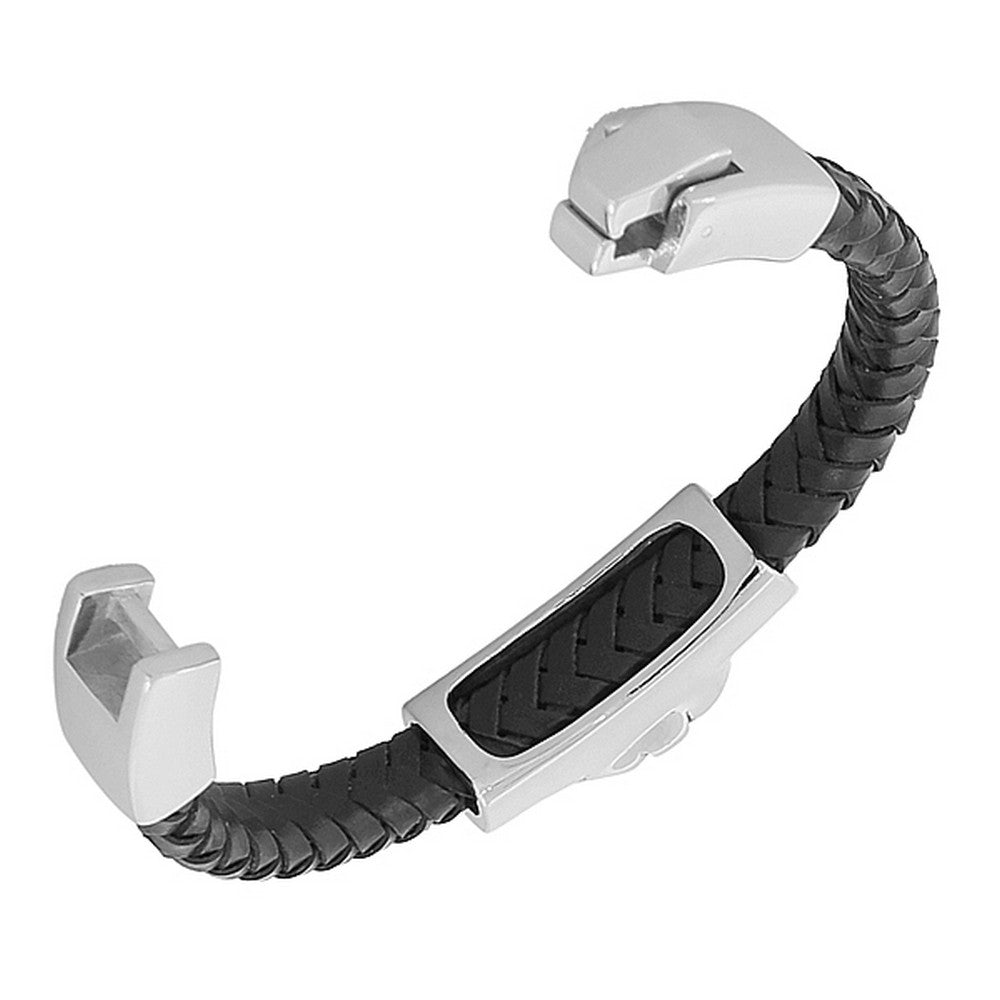 Stainless Steel Black Leather Silver-Tone Lion Head Men's Bracelet