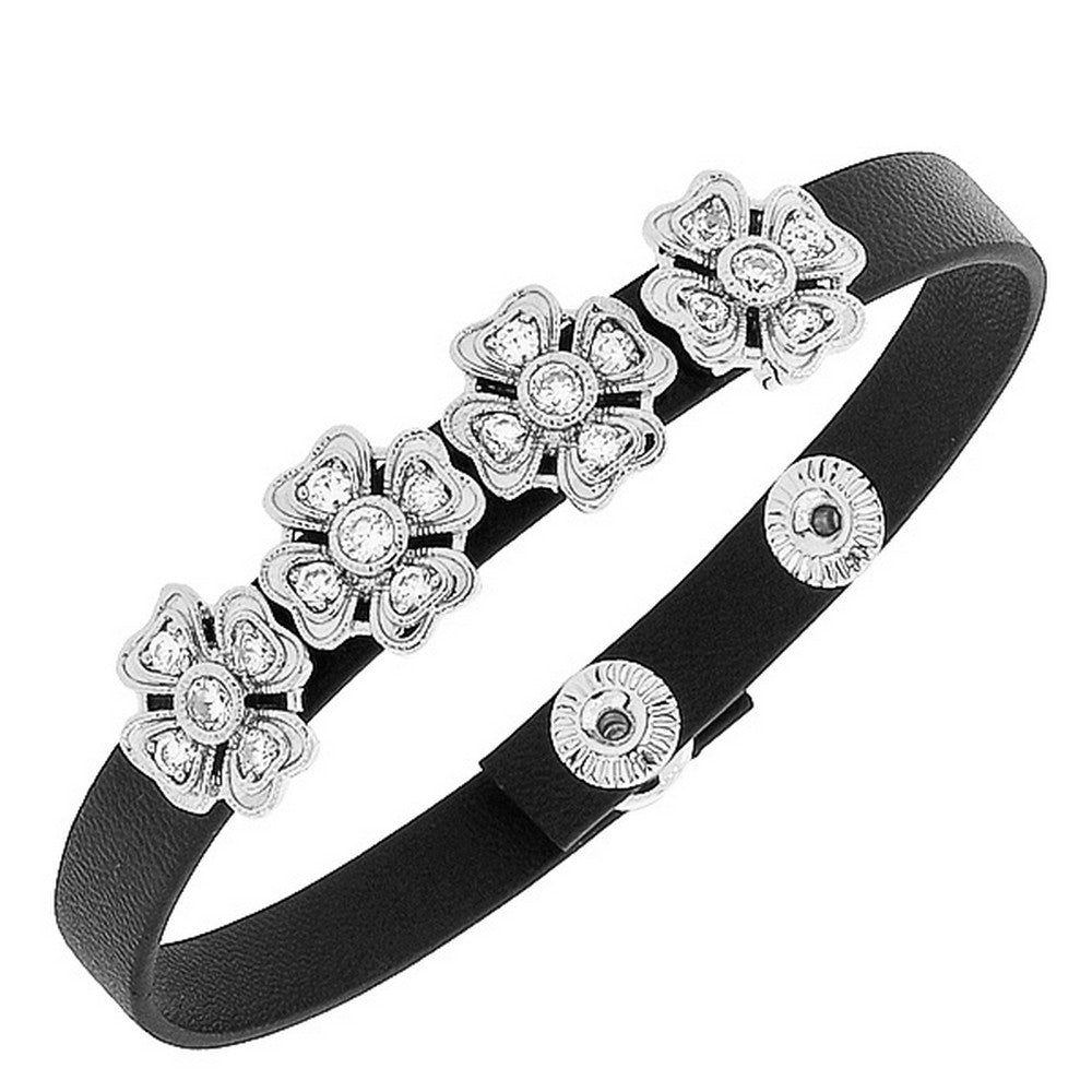 Fashion Black Leather Silver White CZ Flowers Floral Design Bracelet