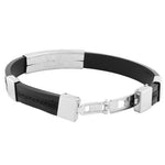 Stainless Steel Black Rubber Silicone Silver-Tone Greek Key Name Tag Mens Bracelet