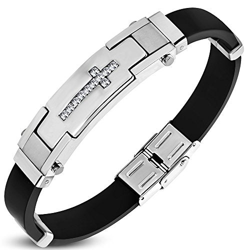 Stainless Steel Black Rubber Two-Tone White CZ Latin Cross Mens Bracelet