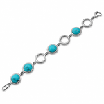 Stainless Steel Women's Bracelet with Simulated Turquoise Stones, 8 Inch Link Bracelet, Polished Silver Tone