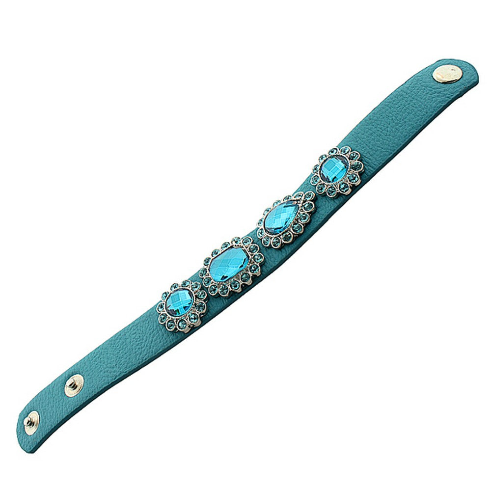 Faux Blue Leather Silver-Tone CZ Snap Wristband Womens Bangle Bracelet