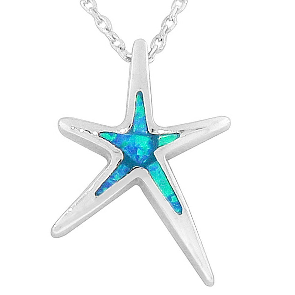 925 Sterling Silver Blue Turquoise-Tone Simulated Simulated Opal Starfish Pendant Necklace