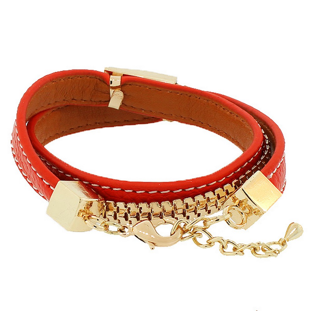 Fashion Alloy Red Faux PU Leather Rose Gold-Tone Chain Double Row Wristband Bracelet