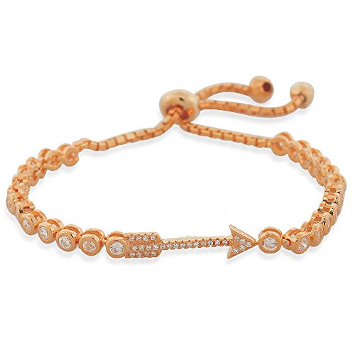 925 Sterling Silver Rose Gold-Tone White CZ Arrow Womens Link Chain Bracelet