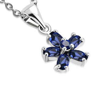 Stainless Steel Silver Blue Sapphire CZ Flower Floral Pendant Necklace