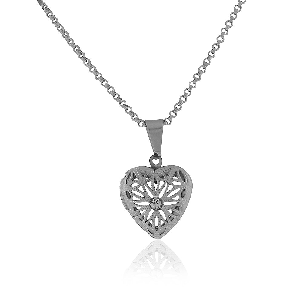 Stainless Steel Silver-Tone Love Heart White Clear CZ Locket Pendant Necklace