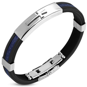 Stainless Steel Blue Black Rubber Religious Cross Bracelet