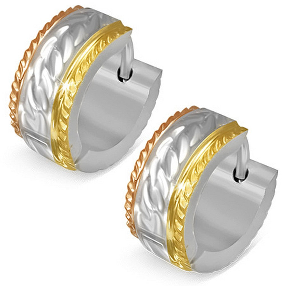 Stainless Steel Yellow Rose Gold-Tone Faceted Braided Design Womens Hoop Huggie Earrings