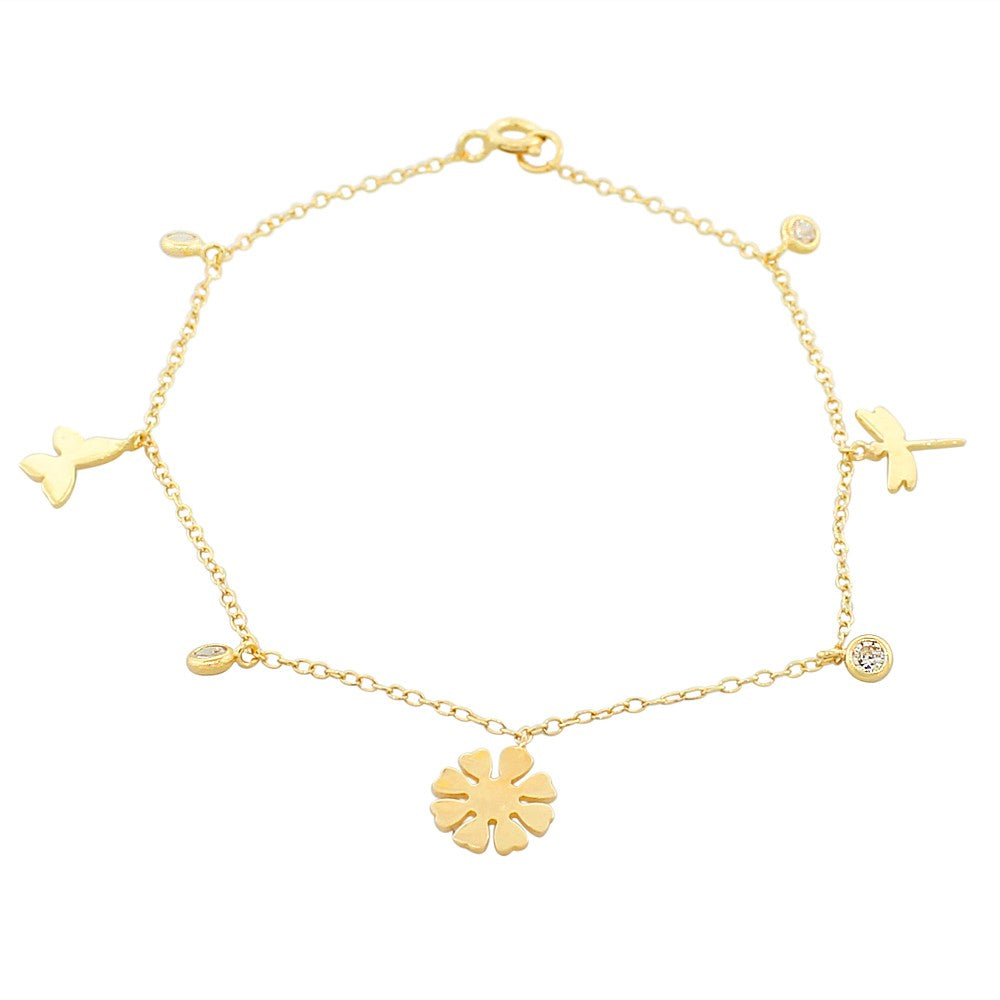 925 Sterling Silver Yellow Gold-Tone White CZ Dragonfly Flower Womens Girls Link Chain Bracelet
