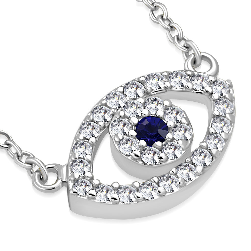 925 Sterling Silver Evil Eye White Blue CZ Pendant Necklace