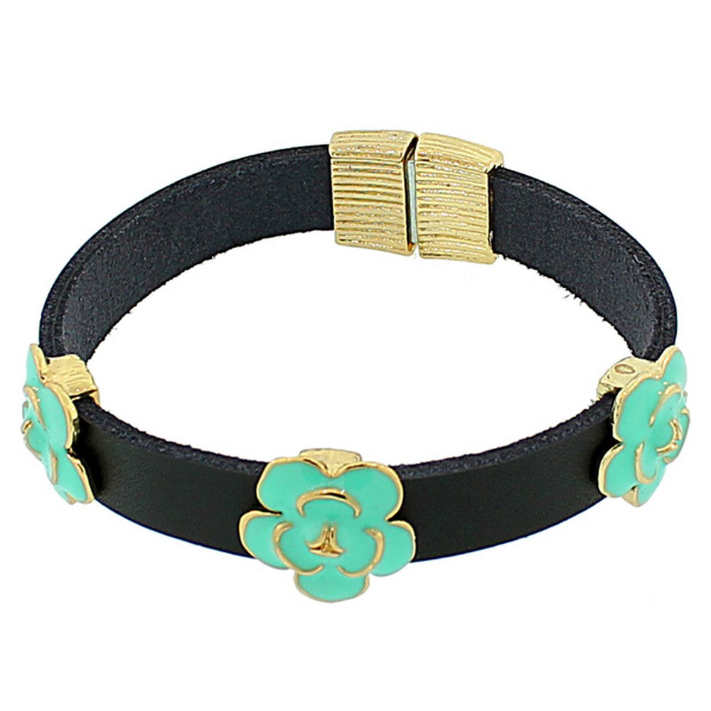 Fashion Alloy Black Leather Gold-Tone Turquoise-Tone Flowers Floral Design Wristband Wrap Bracelet