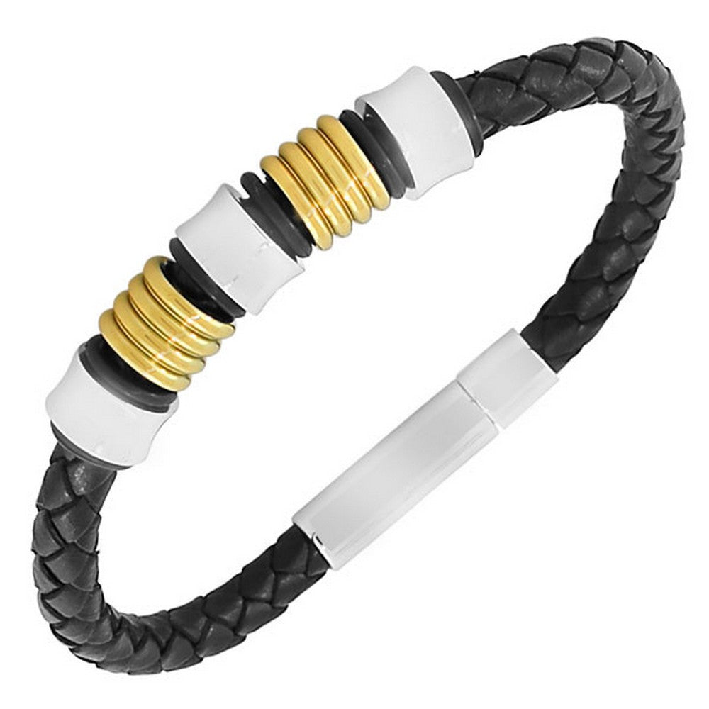 Stainless Steel Black Faux PU Leather Two-Tone Men's Bracelet