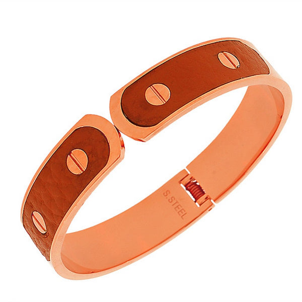 Stainless Steel Brown Faux PU Leather Rose Gold-Tone Cuff Bracelet