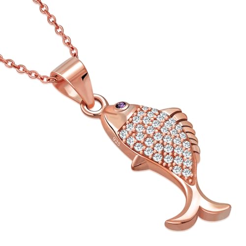 My Daily Styles 925 Sterling Silver CZ Fish Pendant Necklace - Good Luck Charm with White and Pink CZs, Adjustable Chain 16"-18" (Available in Silver, Yellow, or Rose)
