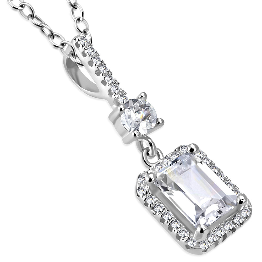925 Sterling Silver Rectangular Round CZ Elegant Pendant Necklace, 18"