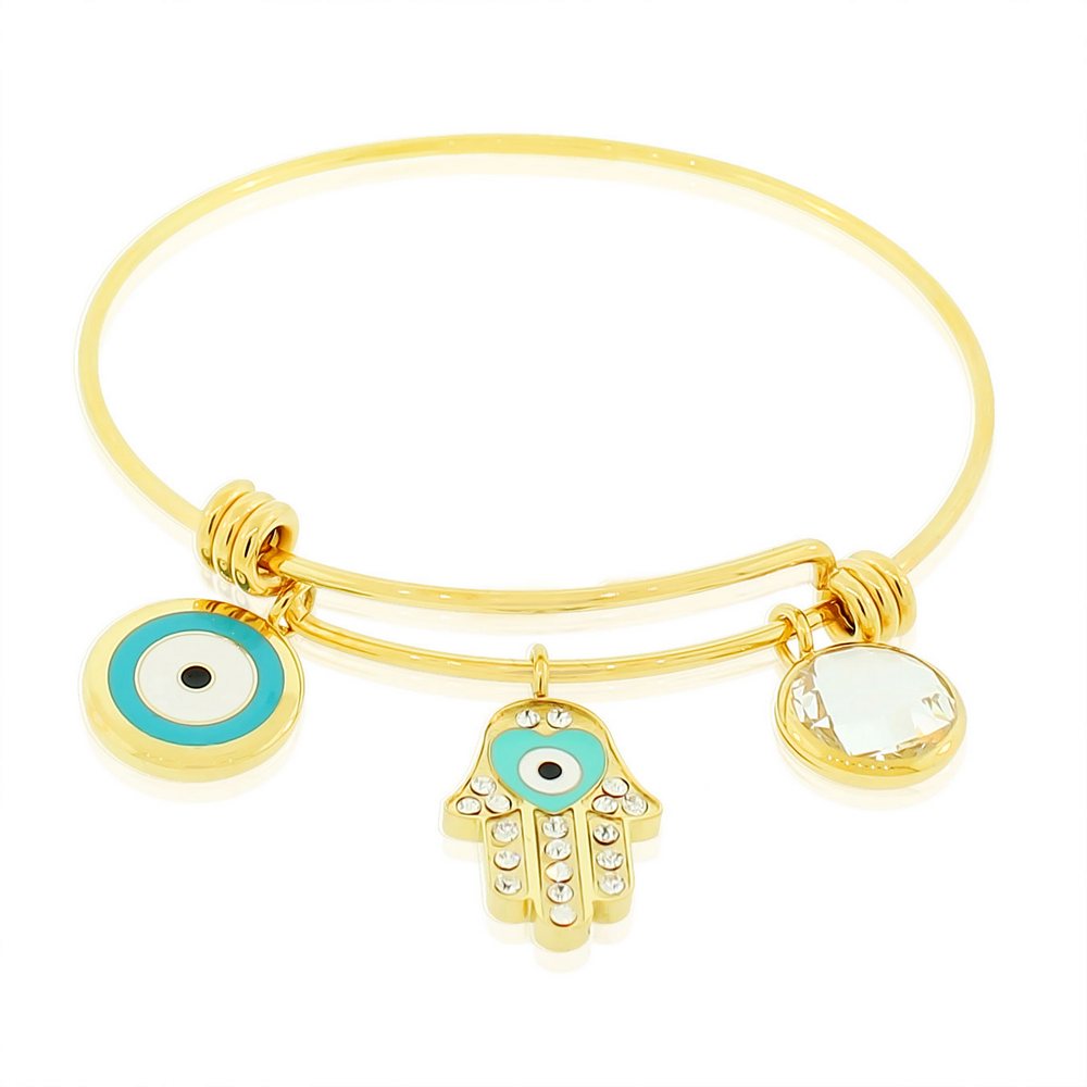 Stainless Steel Yellow Gold-Tone Hamsa Evil Eye Bangle Bracelet
