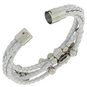 Fashion Alloy White Faux PU Leather Silver-Tone Love Heart Multi-Row Layer Bracelet