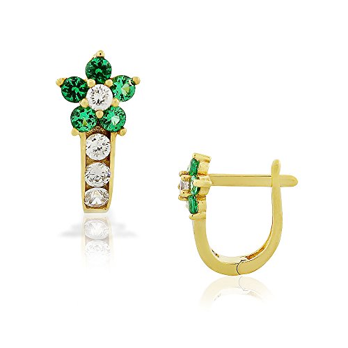 925 Sterling Silver Yellow Gold-Tone White Green Emerald-Tone CZ Flower Hoop Huggie Small Earrings
