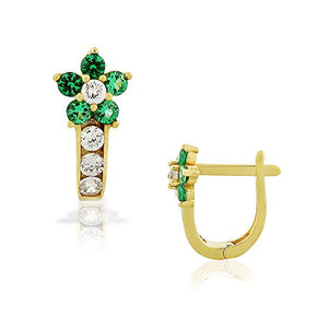 925 Sterling Silver Yellow Gold-Tone White Green Emerald-Tone CZ Flower Hoop Huggie Small Earrings