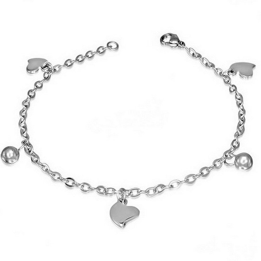Stainless Steel Silver-Tone Love Heart Womens Adjustable Link Chain Bracelet