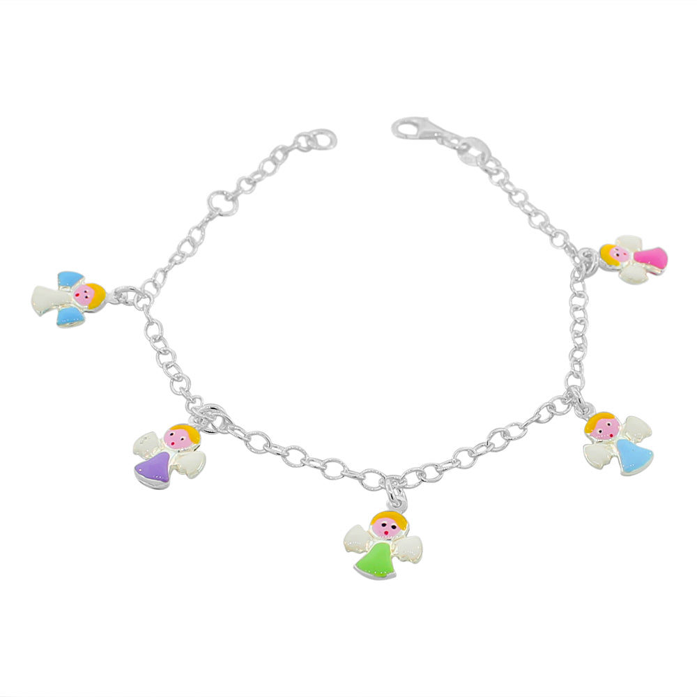 925 Sterling Silver Multicolor Enamel Angels Womens Girls Link Chain Bracelet