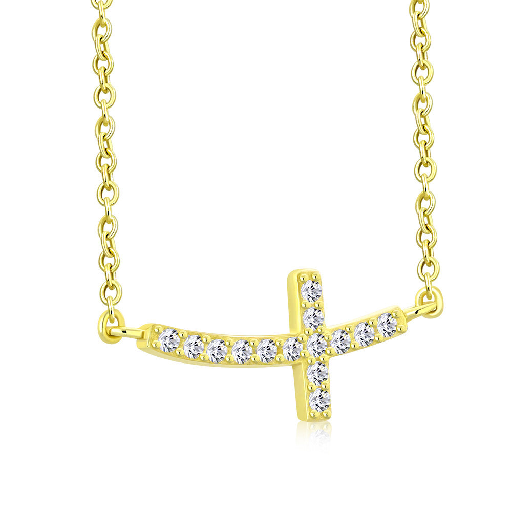 925 Sterling Silver Womens Sideways Religious Cross White CZ Pendant Necklace