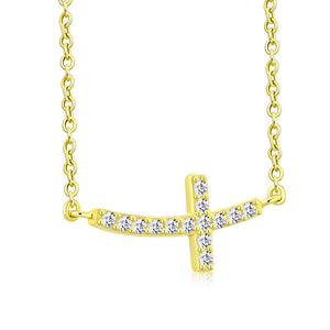 925 Sterling Silver Womens Sideways Religious Cross White CZ Pendant Necklace