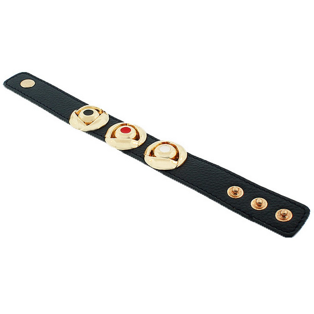Black PU Leather Yellow Gold-Tone Round Charms Multicolor Snap Wristband Bracelet