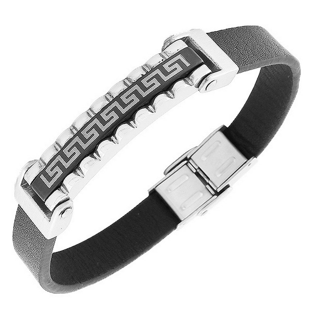 Stainless Steel Black Leather Silver-Tone Greek Key Men's Bracelet