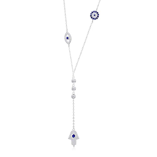 My Daily Styles 925 Sterling Silver CZ Y Necklace for Women with Hamsa, Evil Eye, and Bezel Set CZ Accents - Adjustable Chain 16"-18"