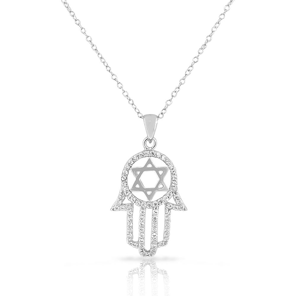 925 Sterling Silver Womens Hamsa Star of David White CZ Pendant Necklace