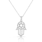 925 Sterling Silver Womens Hamsa Star of David White CZ Pendant Necklace