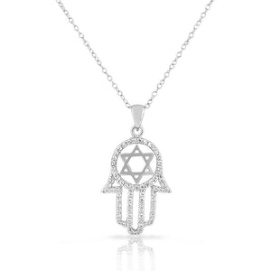 925 Sterling Silver Womens Hamsa Star of David White CZ Pendant Necklace
