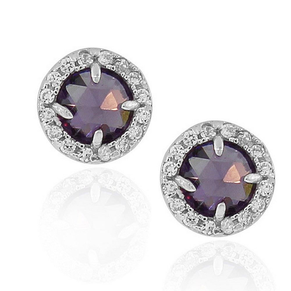 Sterling Silver Purple Violet White Round CZ Stud Earrings