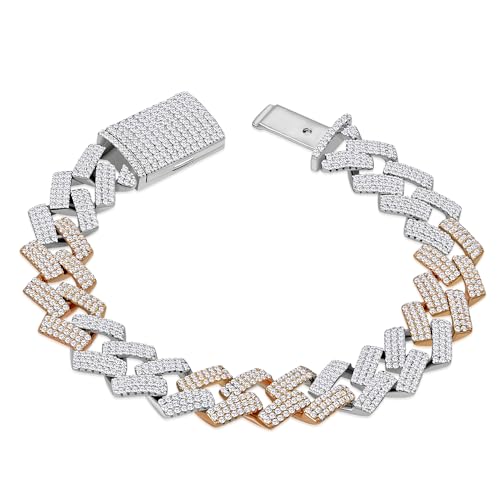 My Daily Styles Stylish Men's 925 Sterling Silver Two-Tone Rose and Silver CZ Cuban Link Bracelet - 14mm Wide
