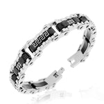 Stainless Steel Black Silver-Tone White CZ Greek Key Link Mens Bracelet