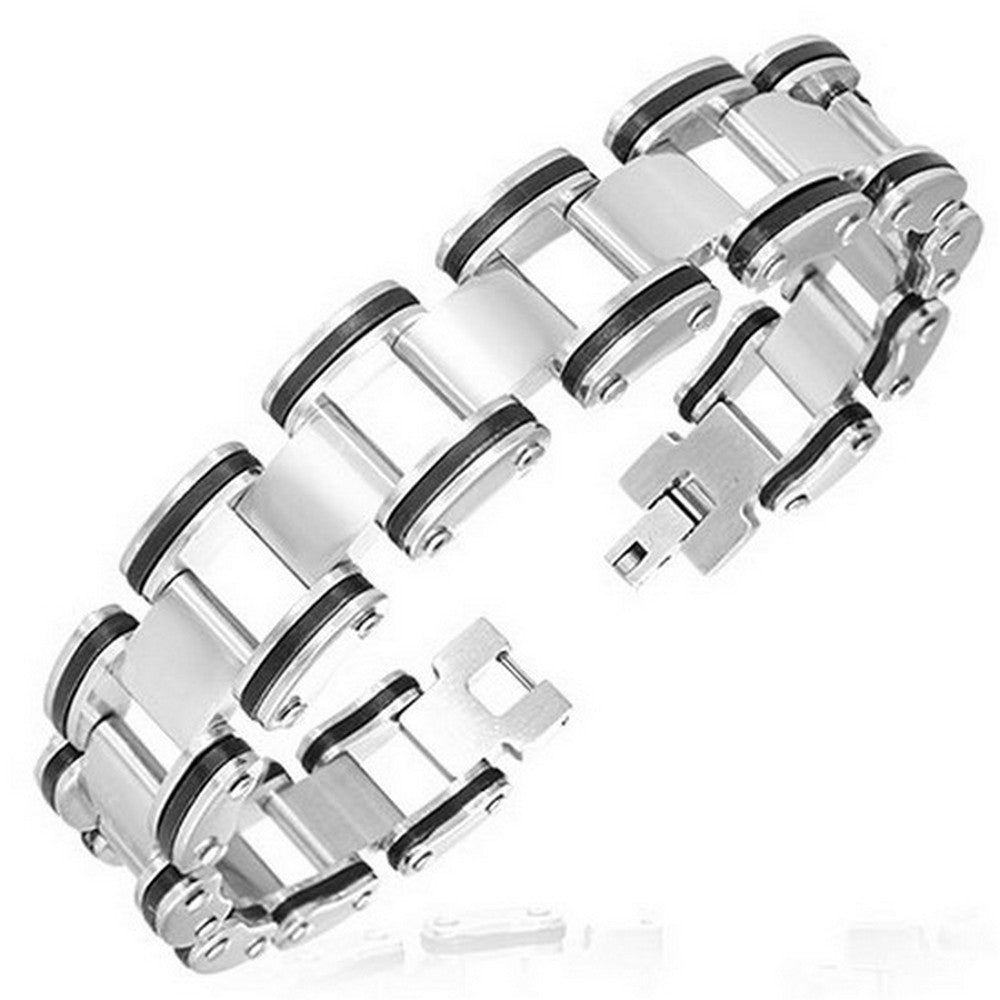 Stainless Steel Silver-Tone Black Mens Link Chain Classic Bracelet with Clasp