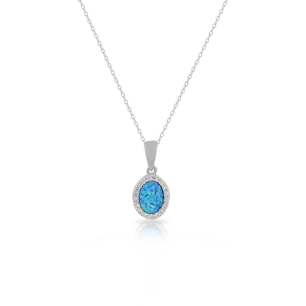 925 Sterling Silver Blue Turquoise-Tone Simulated Opal White CZ Oval Pendant Necklace