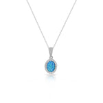 925 Sterling Silver Blue Turquoise-Tone Simulated Opal White CZ Oval Pendant Necklace