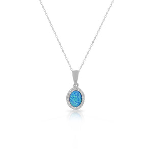 925 Sterling Silver Blue Turquoise-Tone Simulated Opal White CZ Oval Pendant Necklace