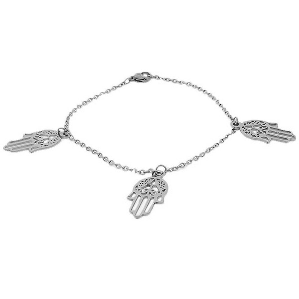 Stainless Steel Silver-Tone Evil Eye Hamsa Hands Link Chain Bracelet