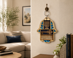Jewish Wooden Hamsa Menorah Blessing for Home - Good Luck Wall Decor with Simulated Turquoise