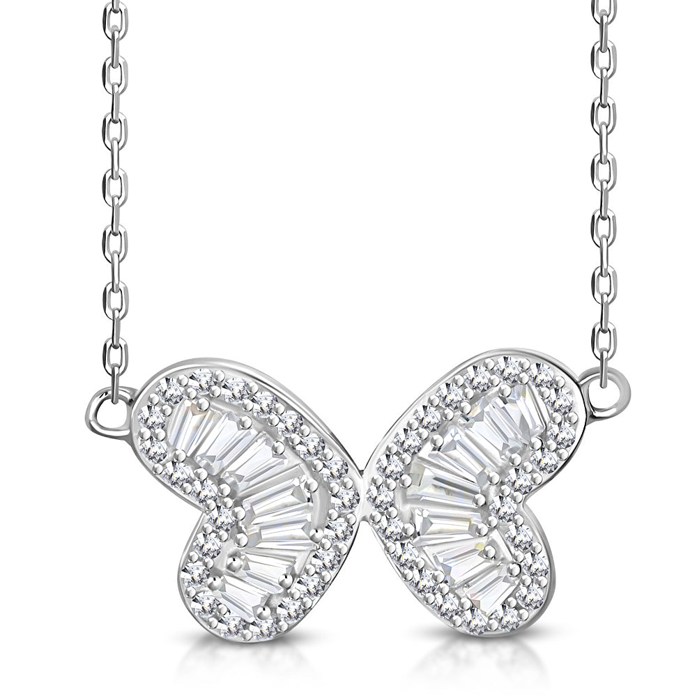 925 Sterling Silver CZ Double Heart Butterfly Necklace