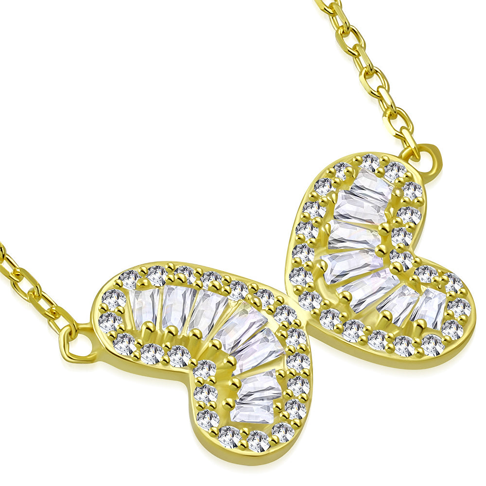 925 Sterling Silver CZ Double Heart Butterfly Necklace